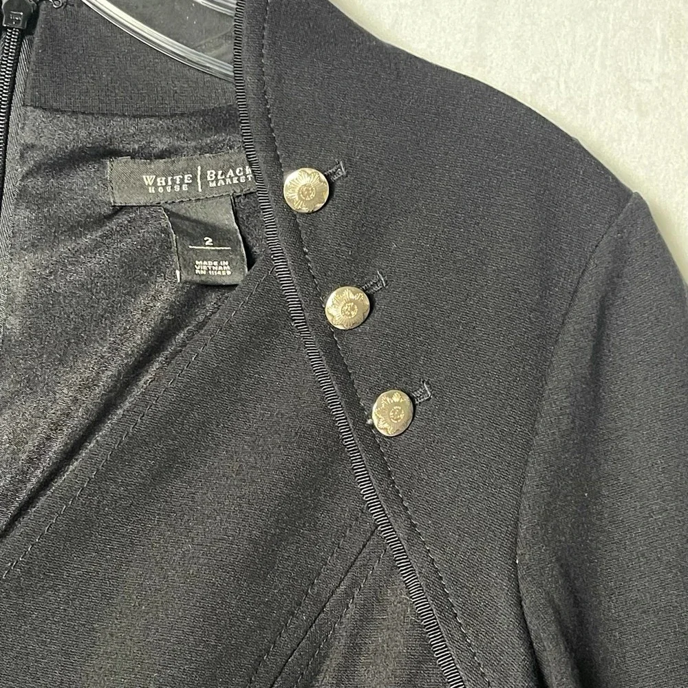 Ponte Knit White House Black Market Black Dress, Military Goldtone Buttons, Sz 2 - Picture 7 of 16